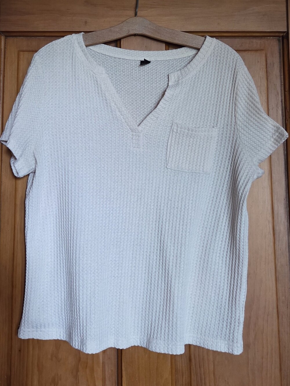 Cream Waffle Knit Short Sleeve Pocket Top